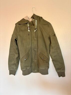 Roxy Olive Green Sherpa-Lined Hooded Bomber Jacket XS Women’s Utility Cargo Y2K